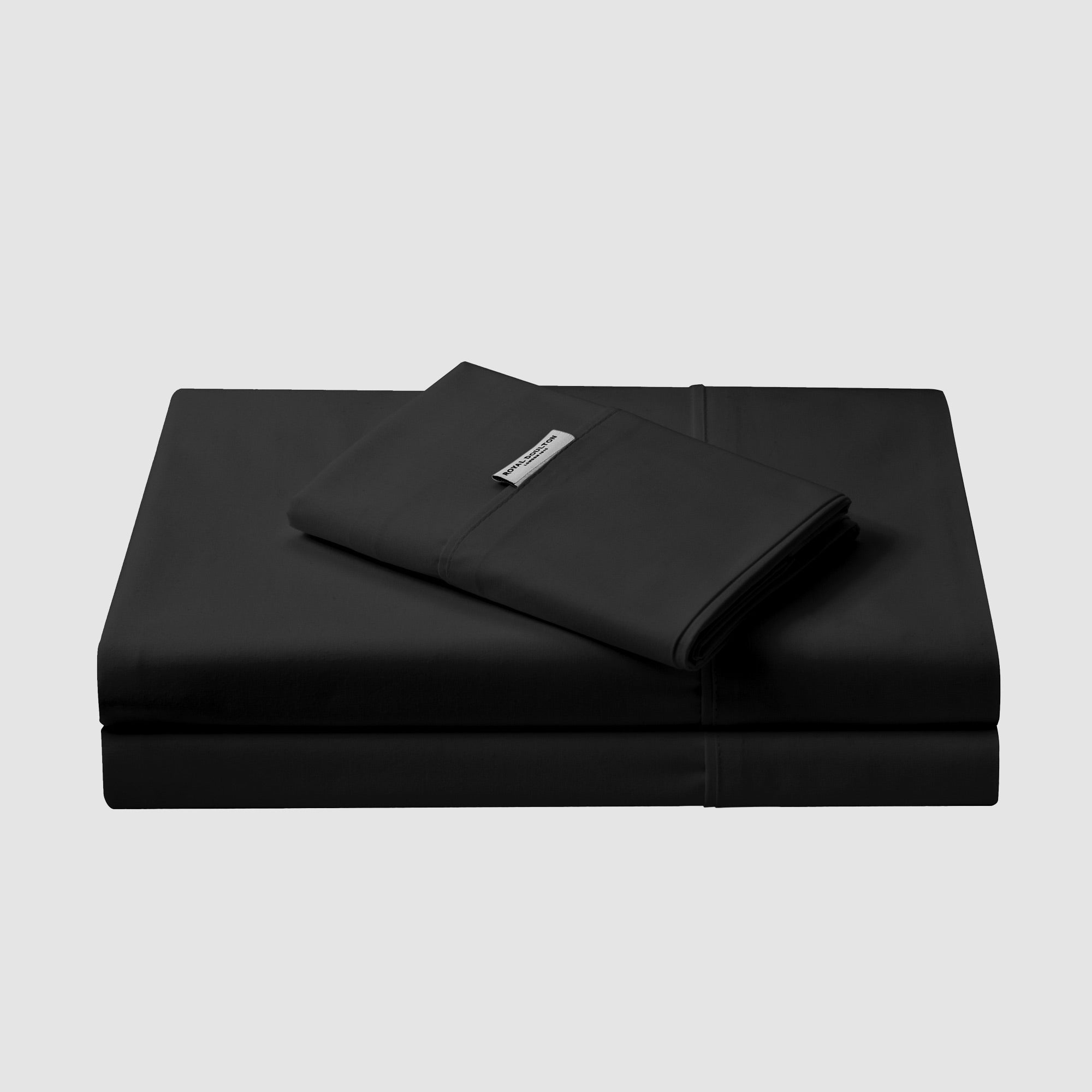 Royal Doulton Stirling Black flat sheet folded with a matching sheet stack