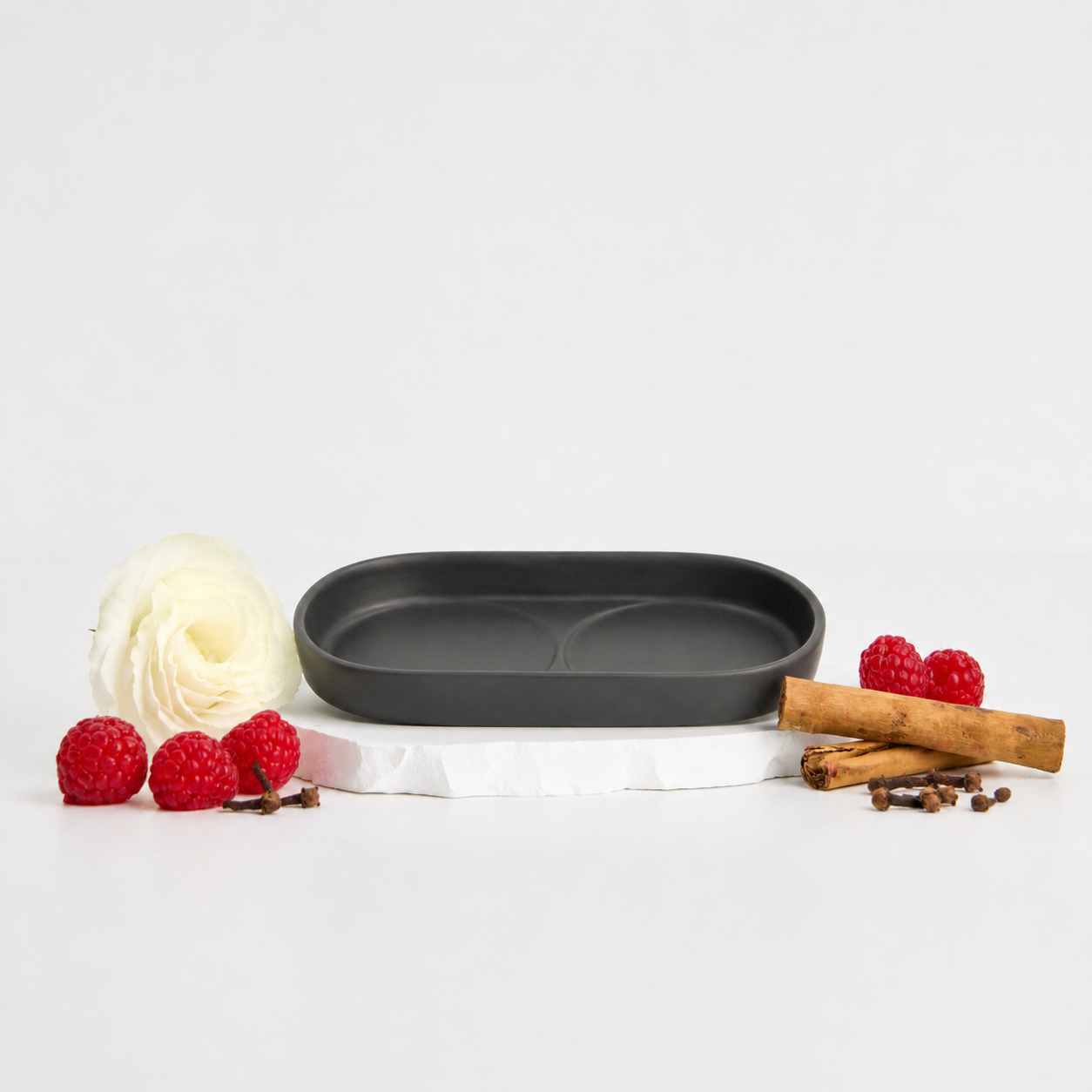 Royal Doulton Nocturne black body care tray styled with raspberries and cinnamon