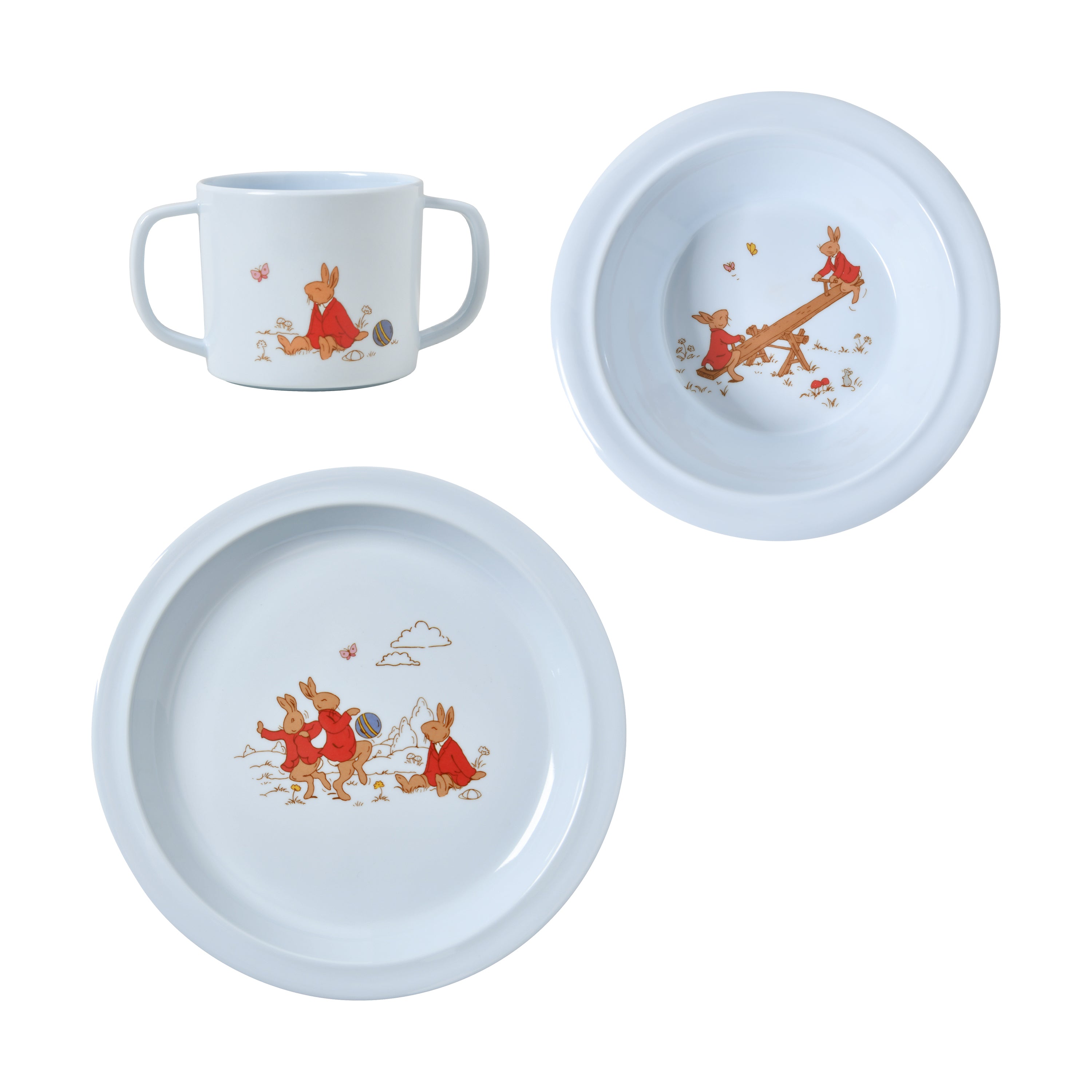 Royal Doulton Bunnykins blue feeding set with a handled cup and two dishes