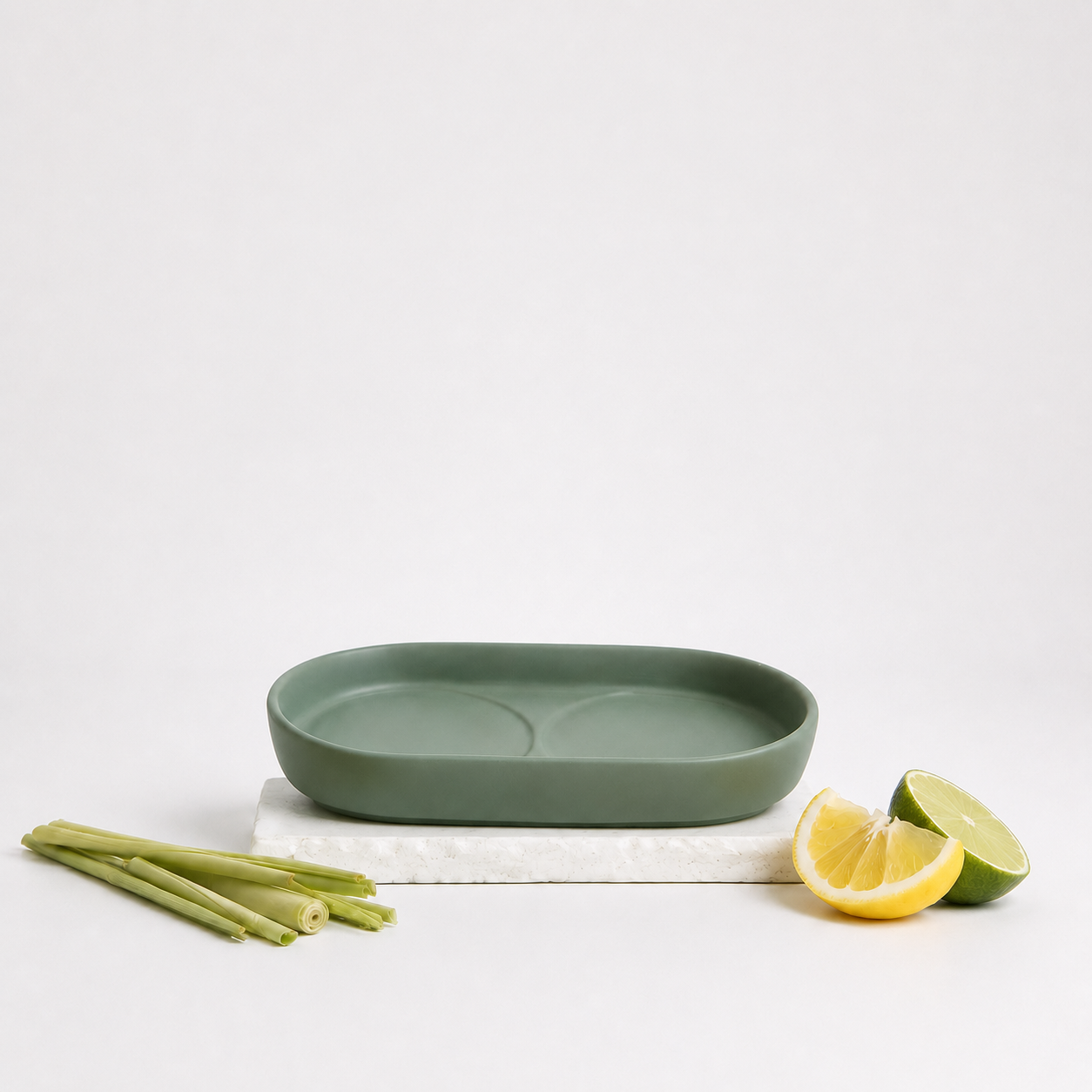 Royal Doulton Ashbourne green body care tray styled with green stems and citrus