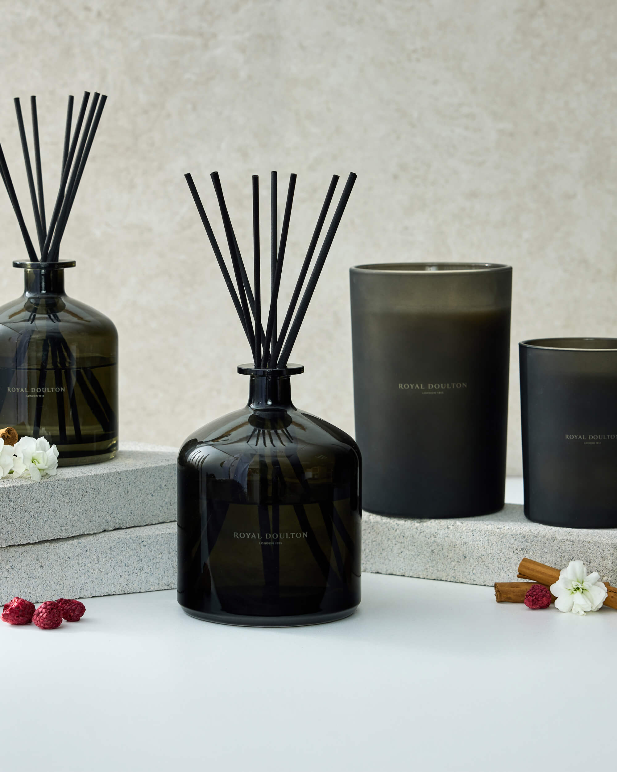 Royal Doulton Nocturne dark glass diffusers and candles with black reeds