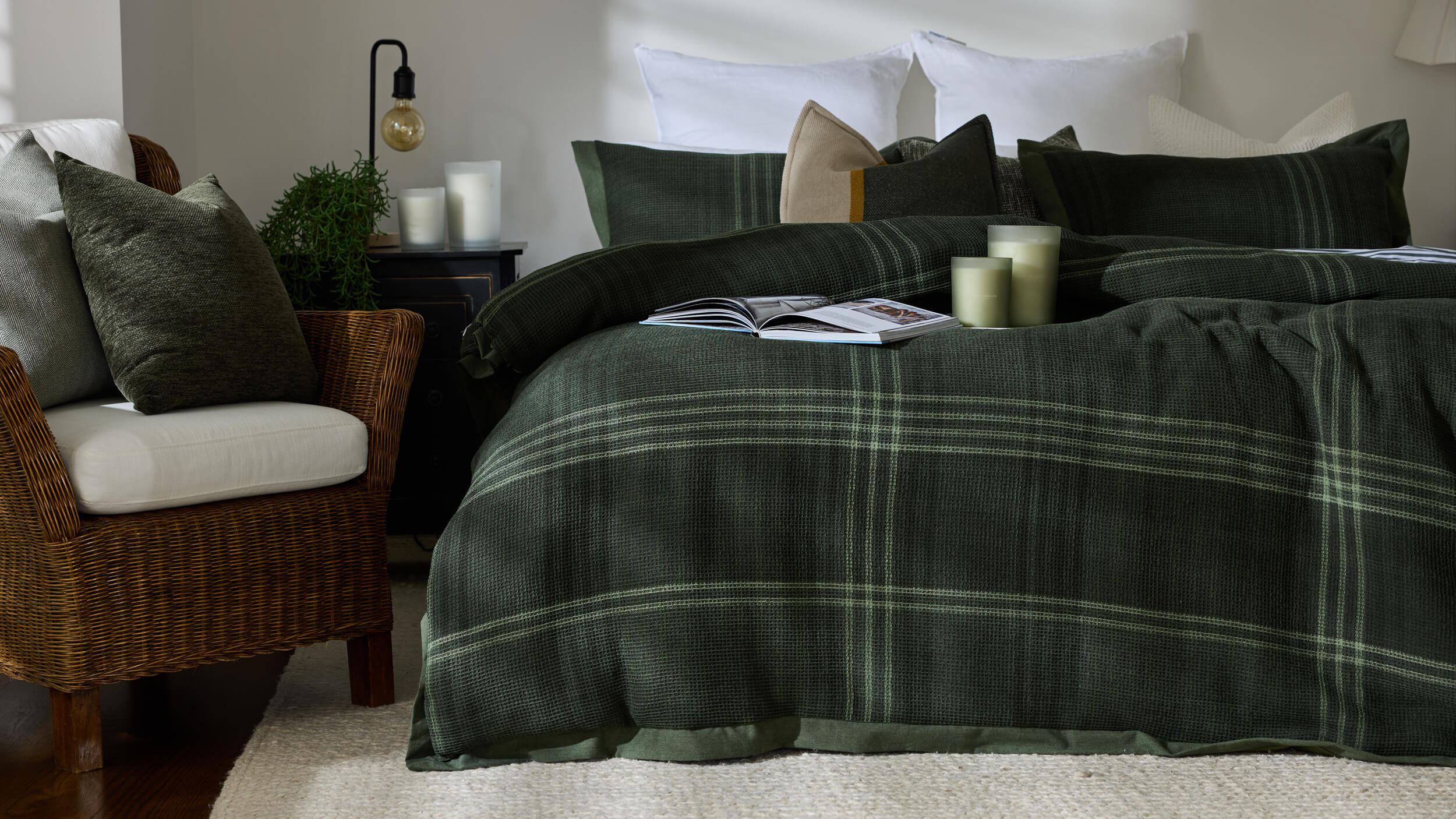 Royal Doulton Hampshire duvet cover styled on a bed with coordinating cushions