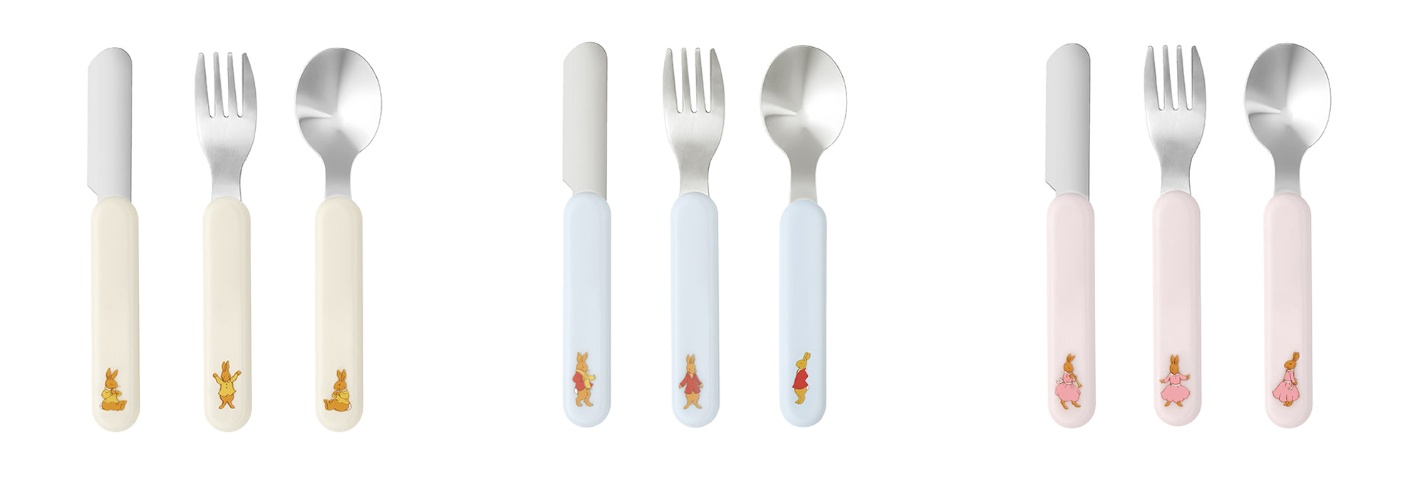 Royal Doulton Bunnykins three-piece children’s cutlery sets in cream, blue and pink
