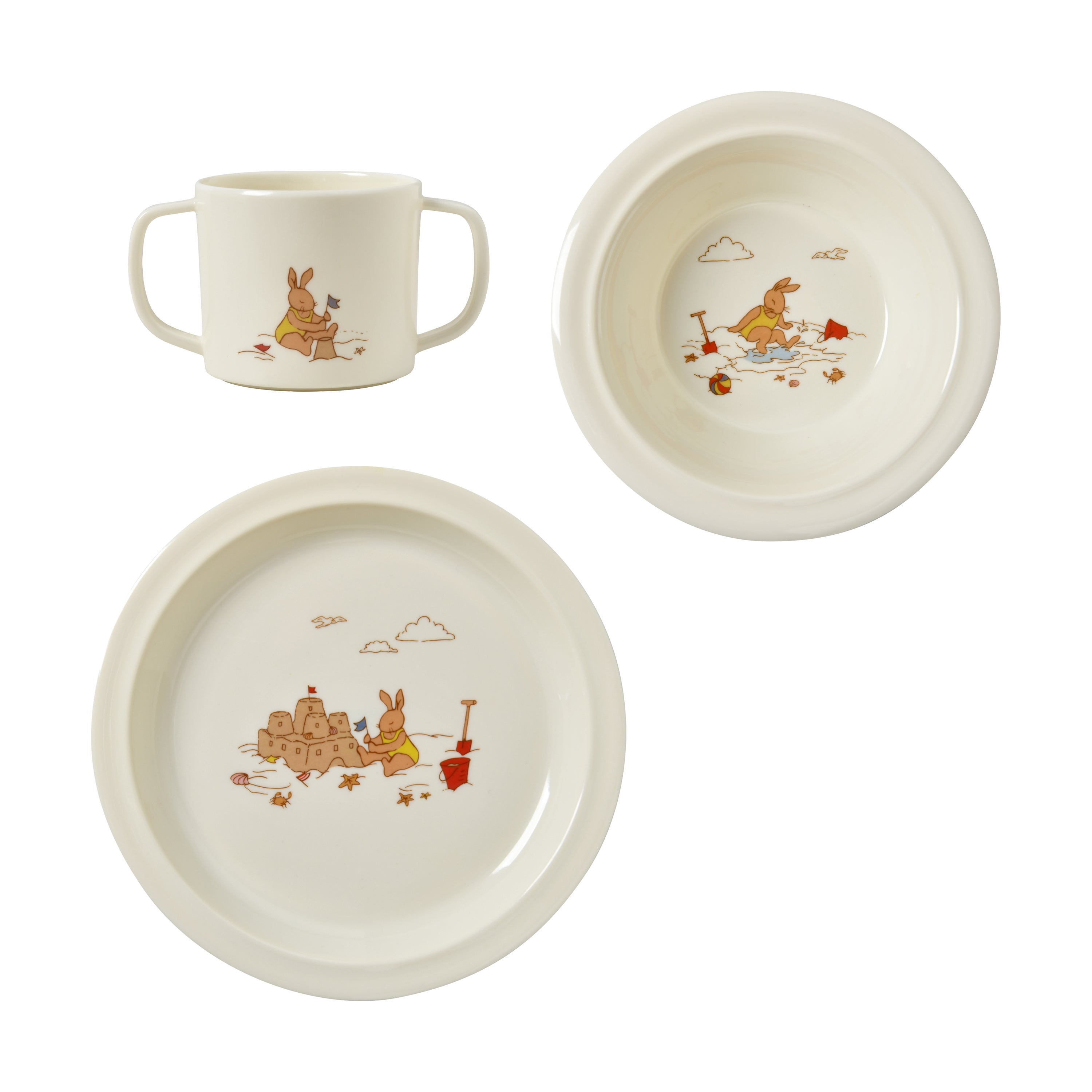 Royal Doulton Bunnykins natural feeding set with a handled cup and two dishes