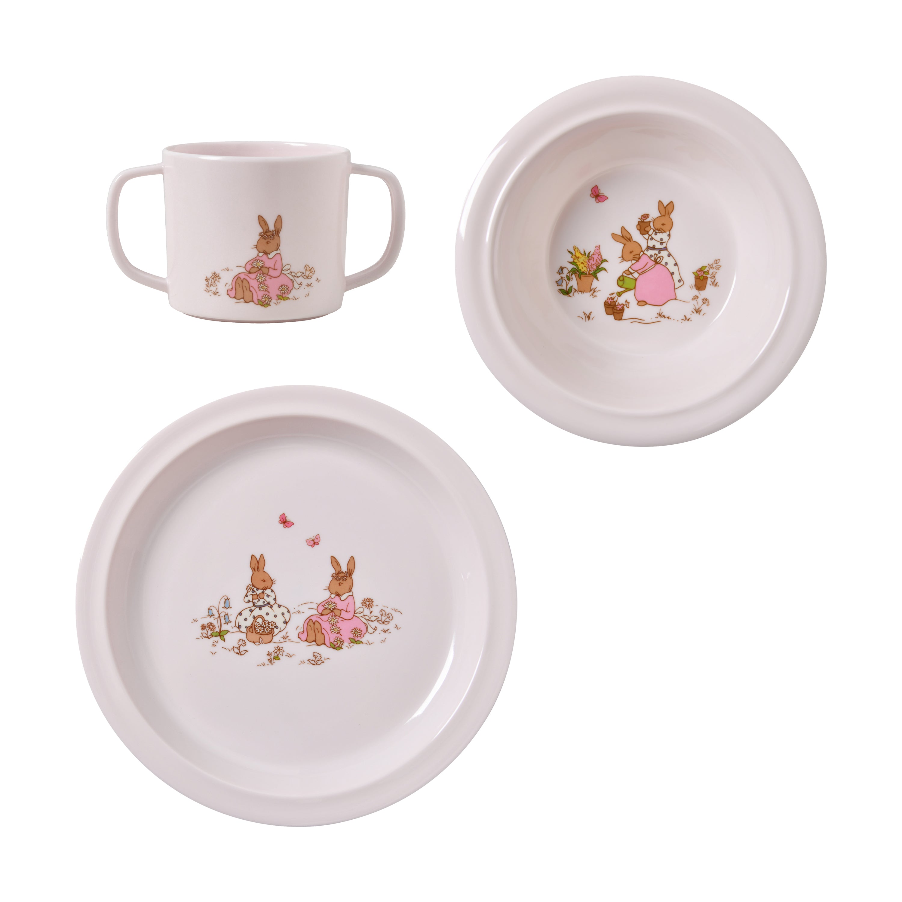 Royal Doulton Bunnykins pink feeding set with a handled cup and two dishes